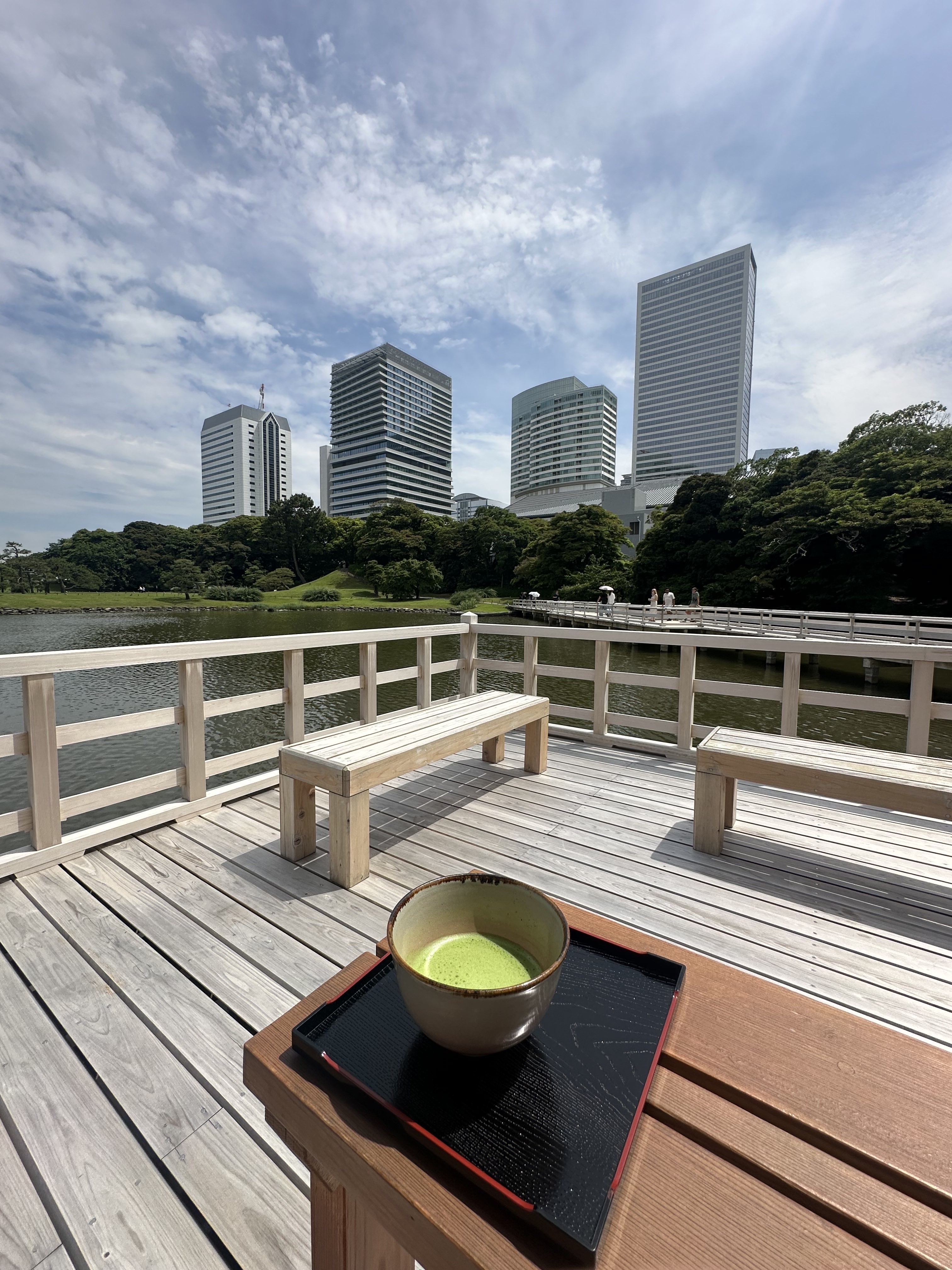 Ceremonial matcha bowl on a wooden deck, Tokyo skyline in view, the essence of Bridges